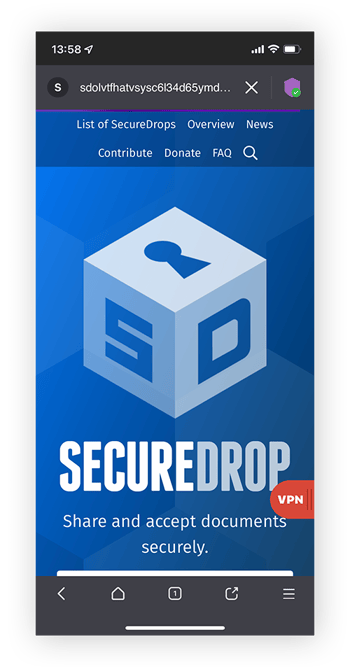 SecureDrop文件共享网站，仅能通过如Tor的暗网浏览器访问。
